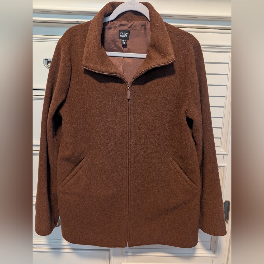 Eileen Fisher 100% Wool Women's Zip Up Two Pocket Brown Coat Jacket sz M
